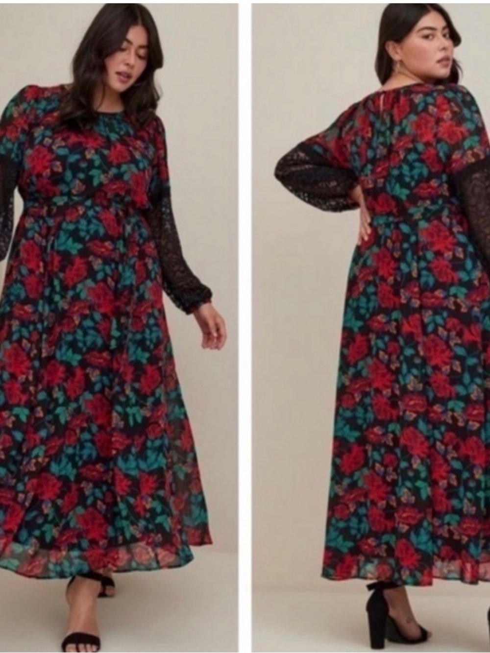 Torrid Chiffon Boho Maxi Peasant Dress Black Lace Sleeves Whimsigoth Size 0 (12)